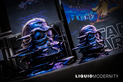 A blind box and art toy store: Liquid Modernity - Dark Lord Nebula, a resin statue set in two sizes, limited edition. Group of purple metal statues, close-ups of intricate details, and a skull statue visible.