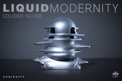 A silver sculpture with holes and a round face, part of Liquid Modernity - Solider Silver - Preorder at Strangecat Toys. Sizes: Regular 16.4cm*11.2cm*13cm, Plus 27.9cm*19cm*22cm. Limited edition resin sets.