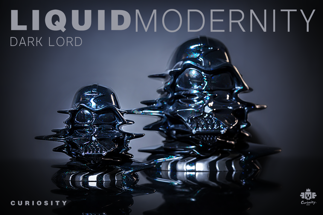 Liquid Modernity - Dark Lord resin figures: Two metal statues with spikes, skull details, and a logo featuring a skull and crown. Available in two sizes: Regular (16.4cm) and Plus (27.9cm). Limited edition sets.