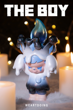 A blind box toy: The Boy - Whispering Flames - Preorder. Toy figure with candles, white and blue garment, and glass object. Limited edition resin material.