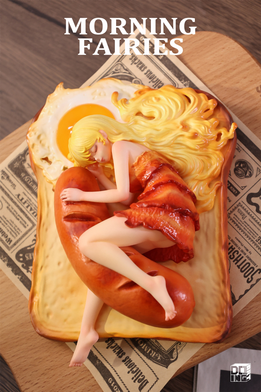 Sleeping Beauty statue of a woman on a hotdog, part of the Morning Fairies series. Resin, limited edition preorder for Q4 2025.