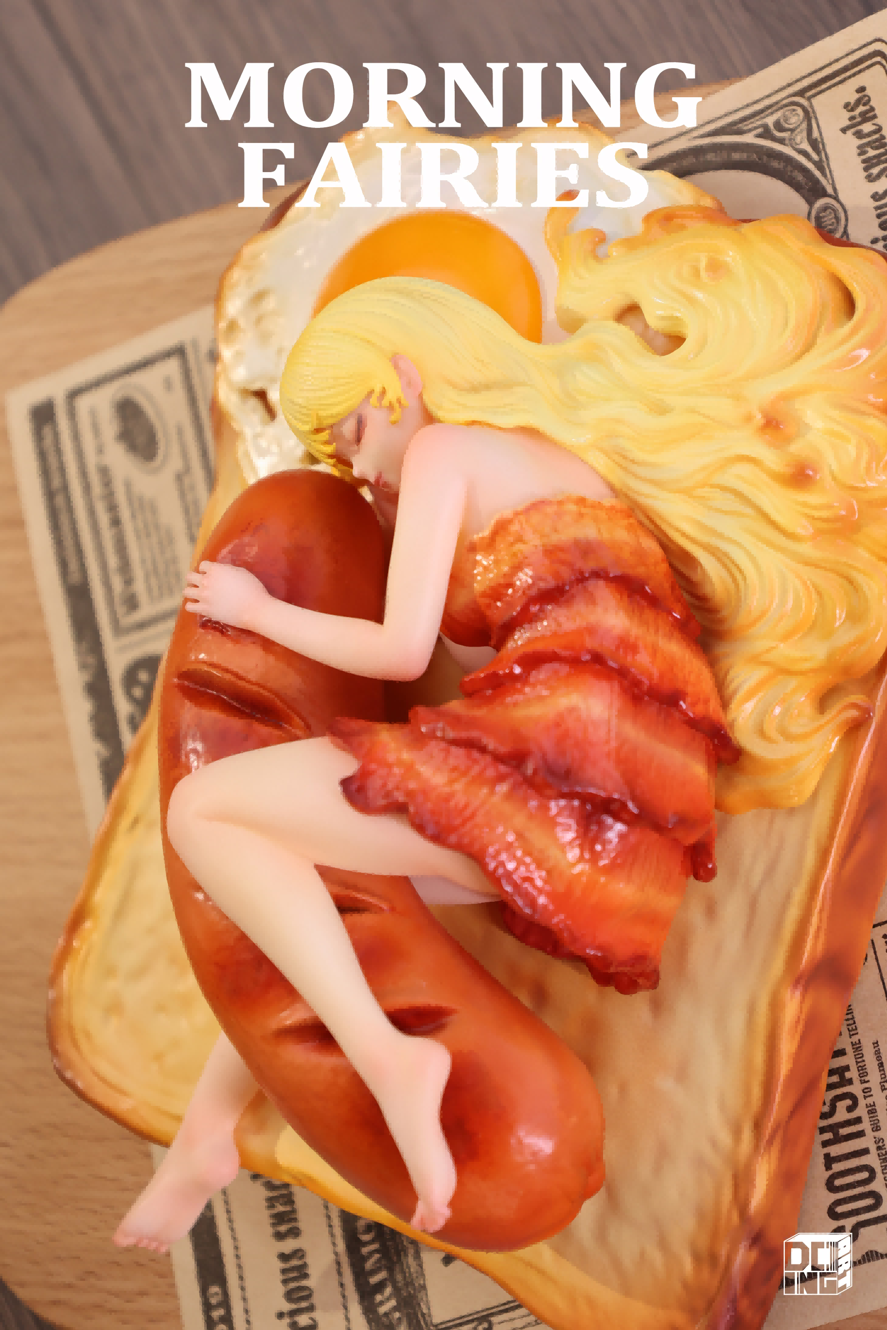 Sleeping Beauty-Morning Fairies-Sausage & Egg figurine featuring a woman sleeping on a hotdog. Resin, limited edition of 698. Preorder for Q4 2025.