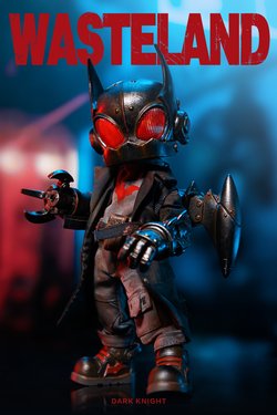 A limited-edition Wasteland-Dark Night-Black action figure featuring a robot with a mask, red eyes, and battery-powered headlight.