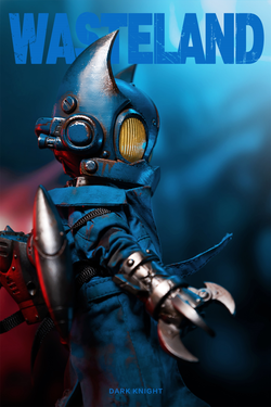 Alt text: Wasteland--Dark Night-Blue action figure with armor, mask, and accessories including a gun, thruster, and replaceable hands.