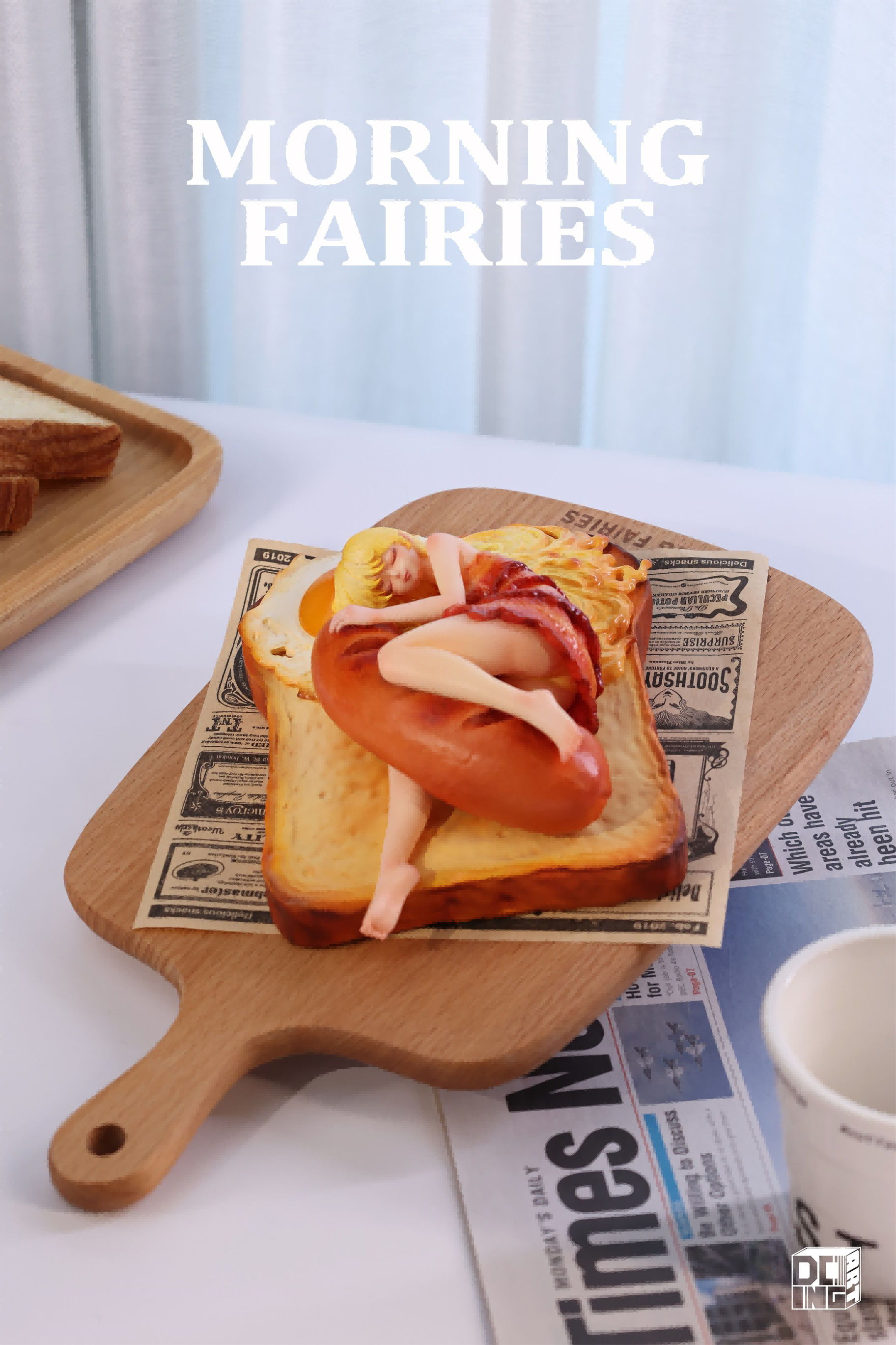 Sleeping Beauty-Morning Fairies-Sausage & Egg figurine, depicting a woman sleeping on a hot dog, preorder resin art toy, 14x6.8x18.5cm.