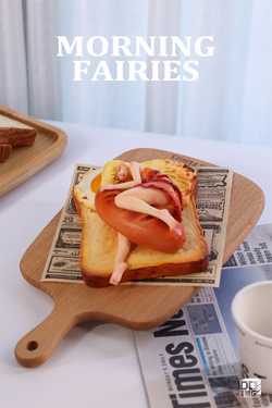 Sleeping Beauty-Morning Fairies-Sausage & Egg figurine, depicting a woman sleeping on a hot dog, preorder resin art toy, 14x6.8x18.5cm.