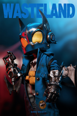 Alt text: Limited edition 8-inch Wasteland--Dark Night-Blue action figure with blue helmet and yellow eyes, featuring multiple accessories, available for preorder.