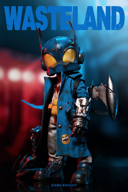 Alt text: Wasteland--Dark Night-Blue action figure with yellow eyes, blue mask, and detailed accessories for preorder.