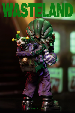 Wasteland-Crazy Clown-Joker action figure with a moveable body, replaceable hands, and accessories including a hammer and burger bomb. Preorder, ships March 2025.