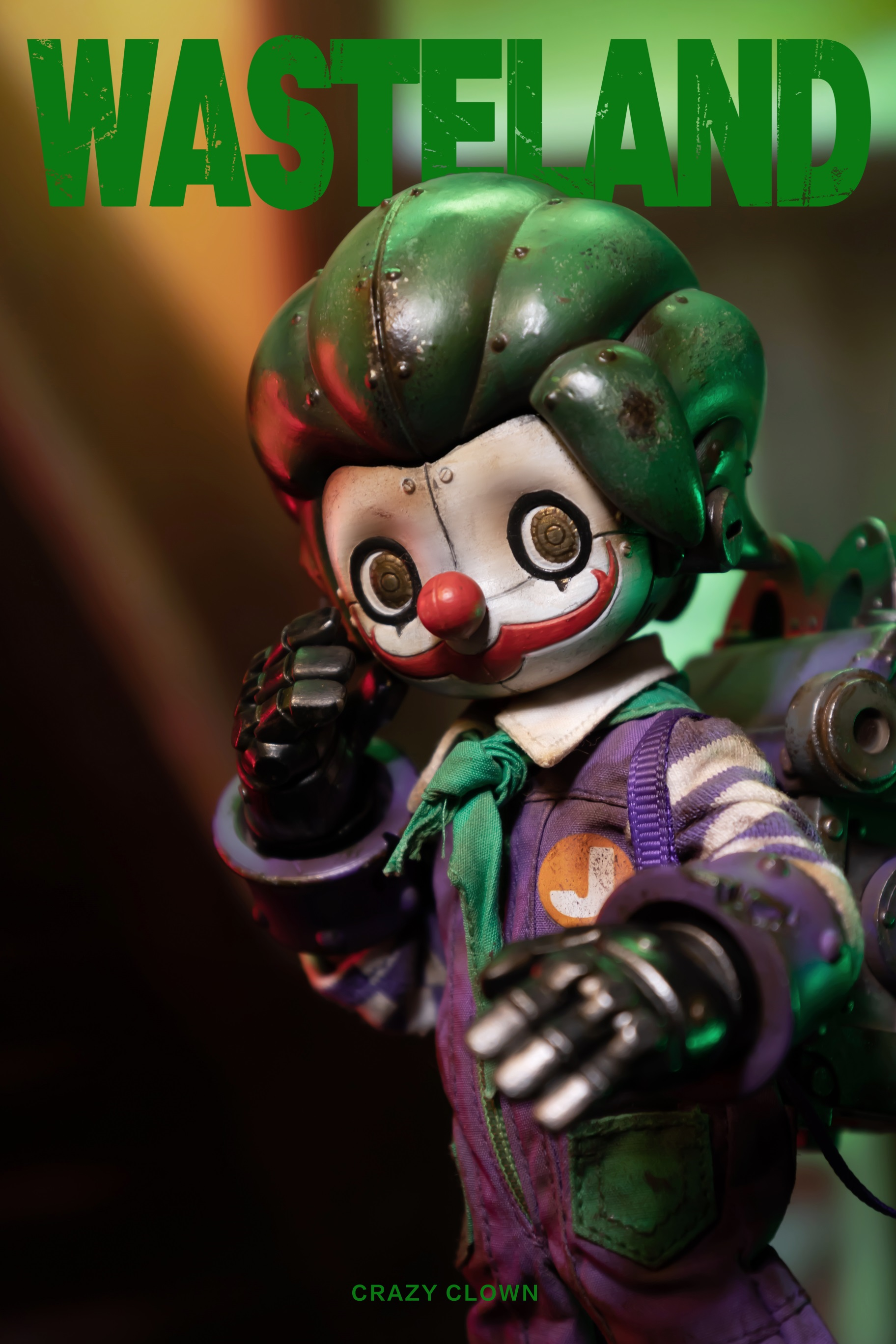 Wasteland-Crazy Clown-Joker toy figurine with green hair, green hat, and scarf. Includes accessories: hammer, thruster, burger bomb, replaceable hands, mask, and movable body.