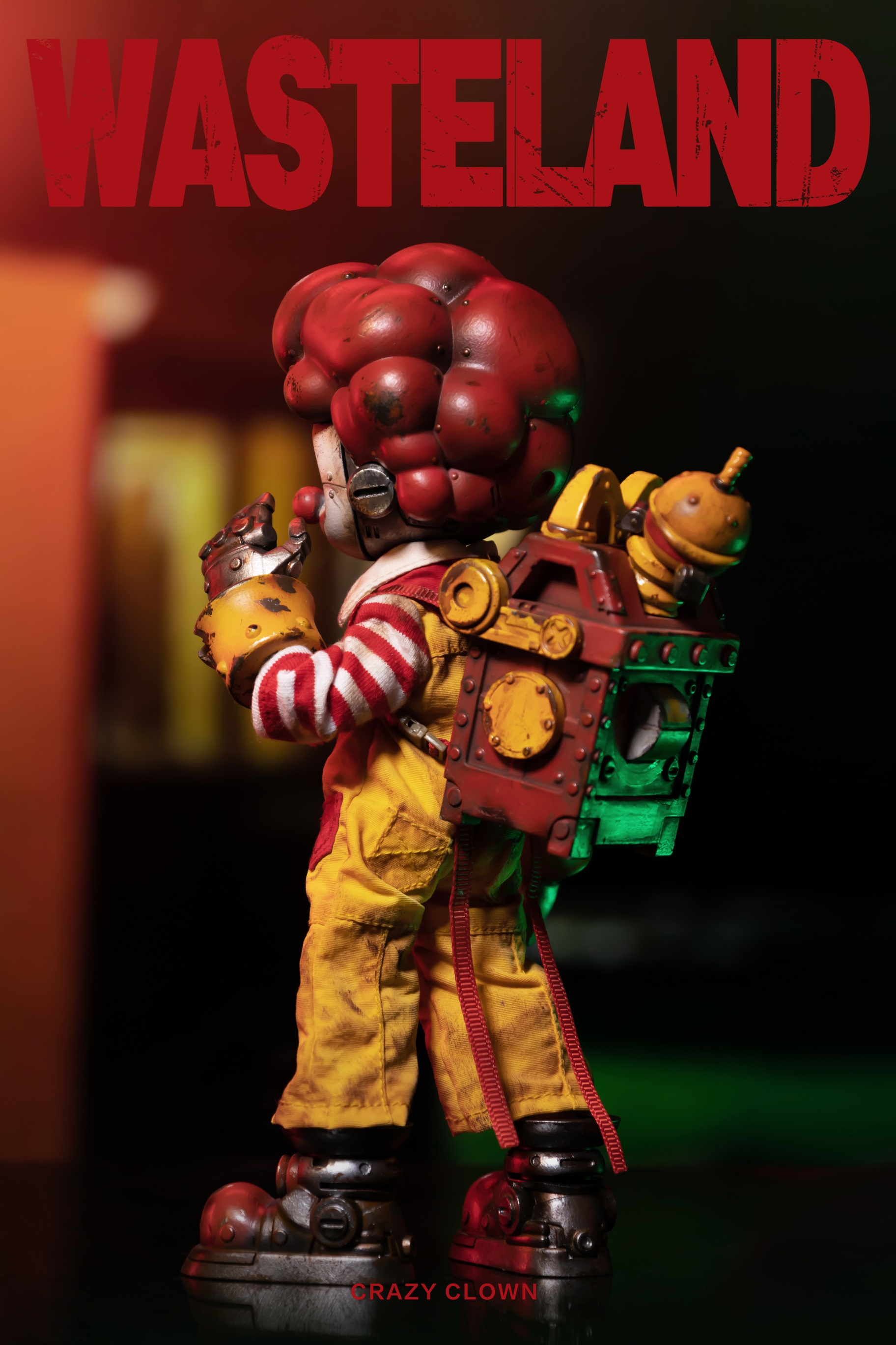 Alt text: Wasteland-Crazy Clown-Mac toy figure in red and yellow garment, preorder for August 2024, limited edition of 50 sets, resin material.