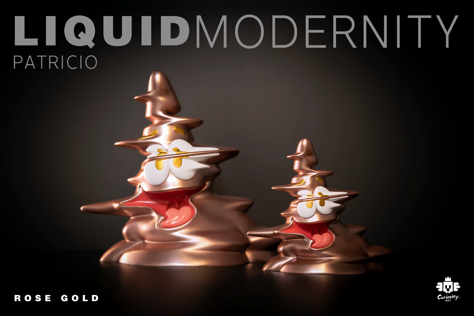 A group of bronze figurines and a gold statue, part of Liquid Modernity-Patricio-Rose Gold - Preorder collection.