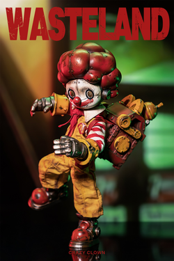 Limited edition Wasteland-Crazy Clown-Mac toy, preorder for Aug 2024. Resin, 8.7cm tall, featuring a clown with a red hat and yellow pants.