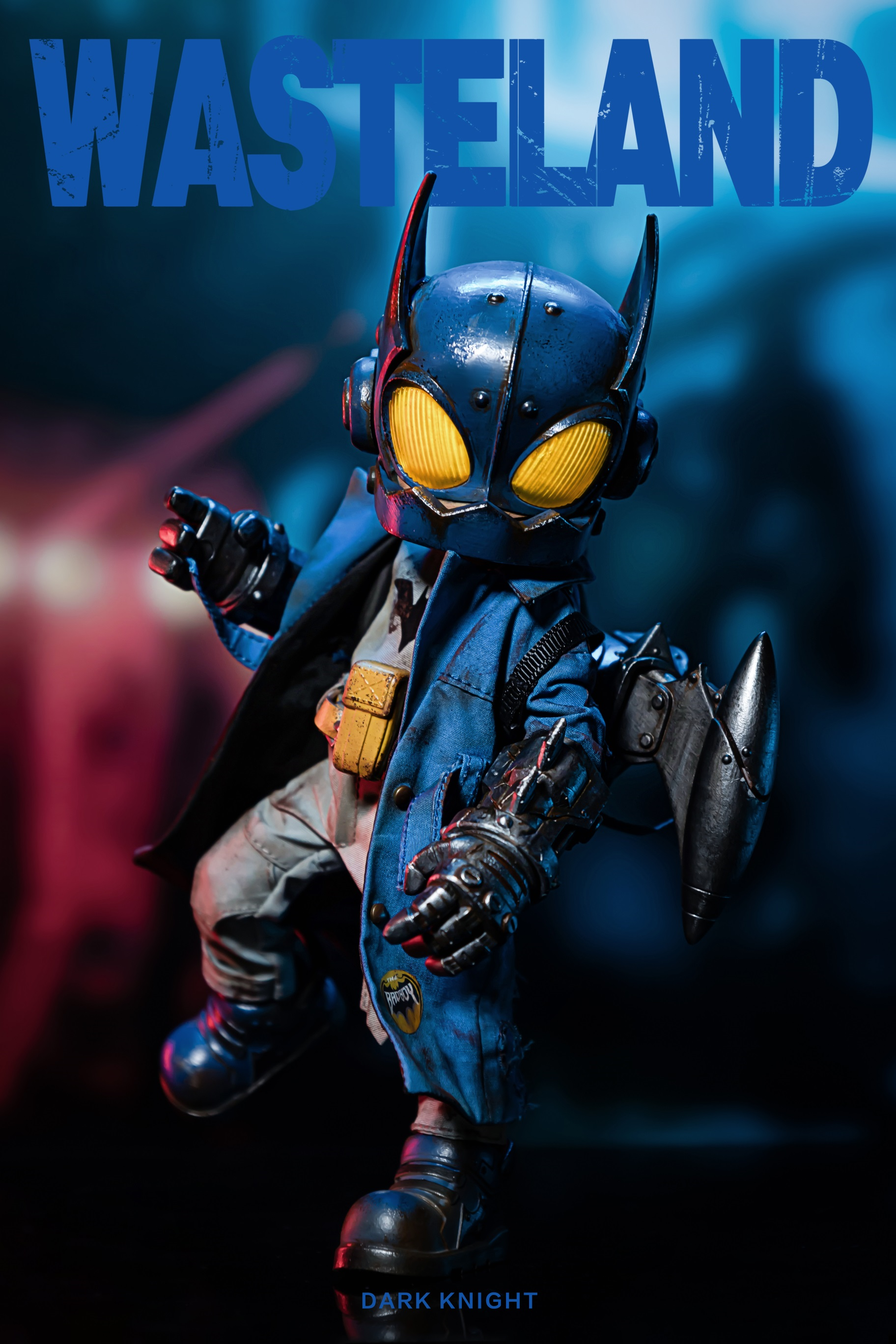 Alt text: Limited edition Wasteland--Dark Night-Blue toy figure with yellow eyes and blue garment, featuring replaceable parts and accessories. Preorder for March 2025.