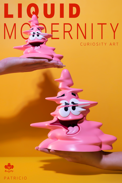 A hand holding a pink toy with a face, part of the Liquid Modernity-Patricio - Preorder collection.