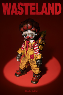 Alt text: Limited edition Wasteland-Crazy Clown-Mac toy featuring a red hat and yellow overalls, available for preorder.