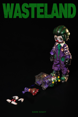 Wasteland-Crazy Clown-Joker toy in a purple jumpsuit, pre-order for March 2025. Includes multiple accessories like a thruster, gun, and replaceable masks.