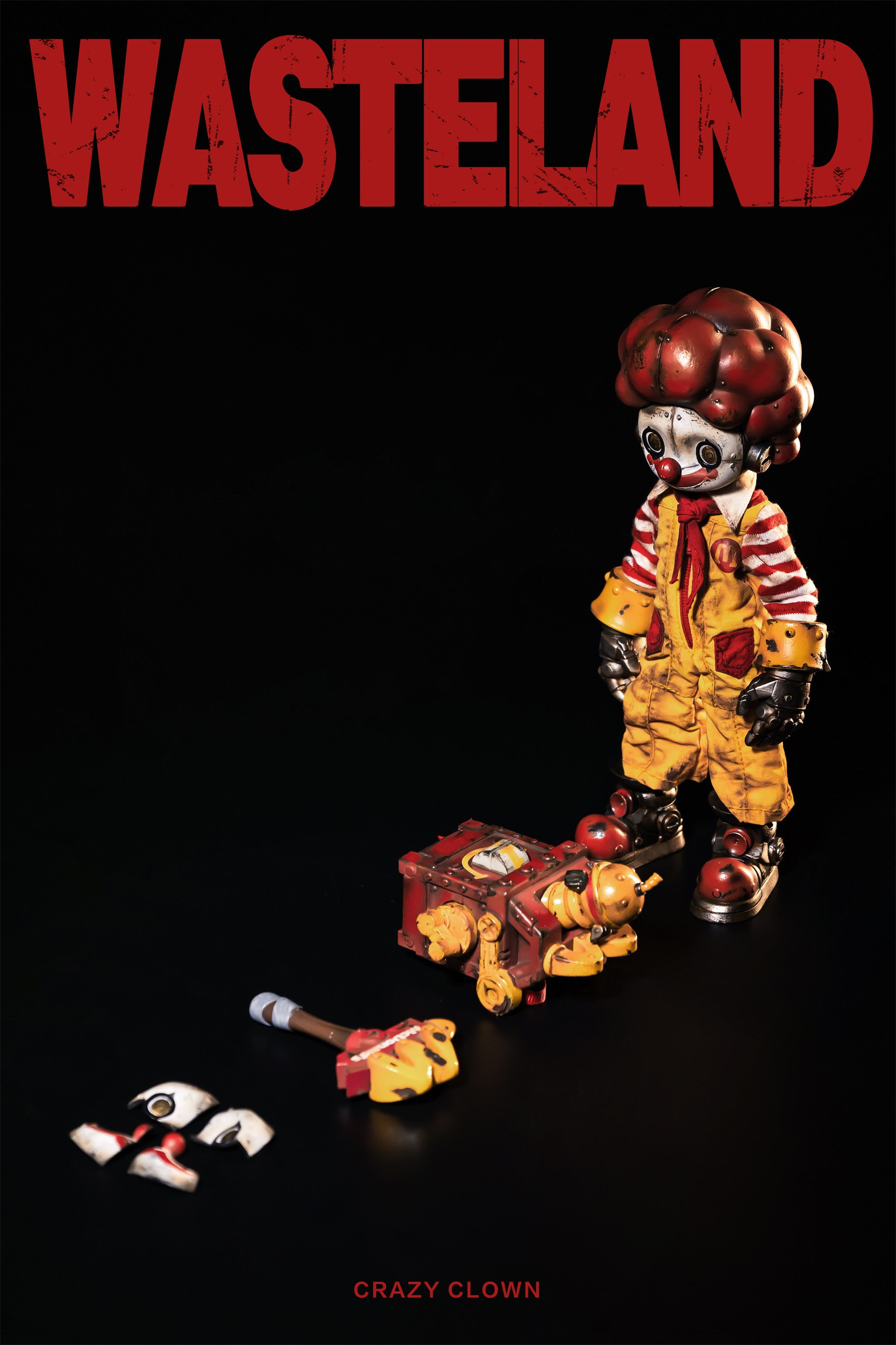 Alt text: Limited edition resin toy, Wasteland-Crazy Clown-Mac, standing with a hammer. Preorder for Aug 2024.