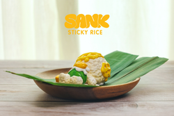 Sank Sticky Rice toy figurine on a plate, limited edition resin piece, available for preorder, dimensions 6.8x4.5x11.8cm.