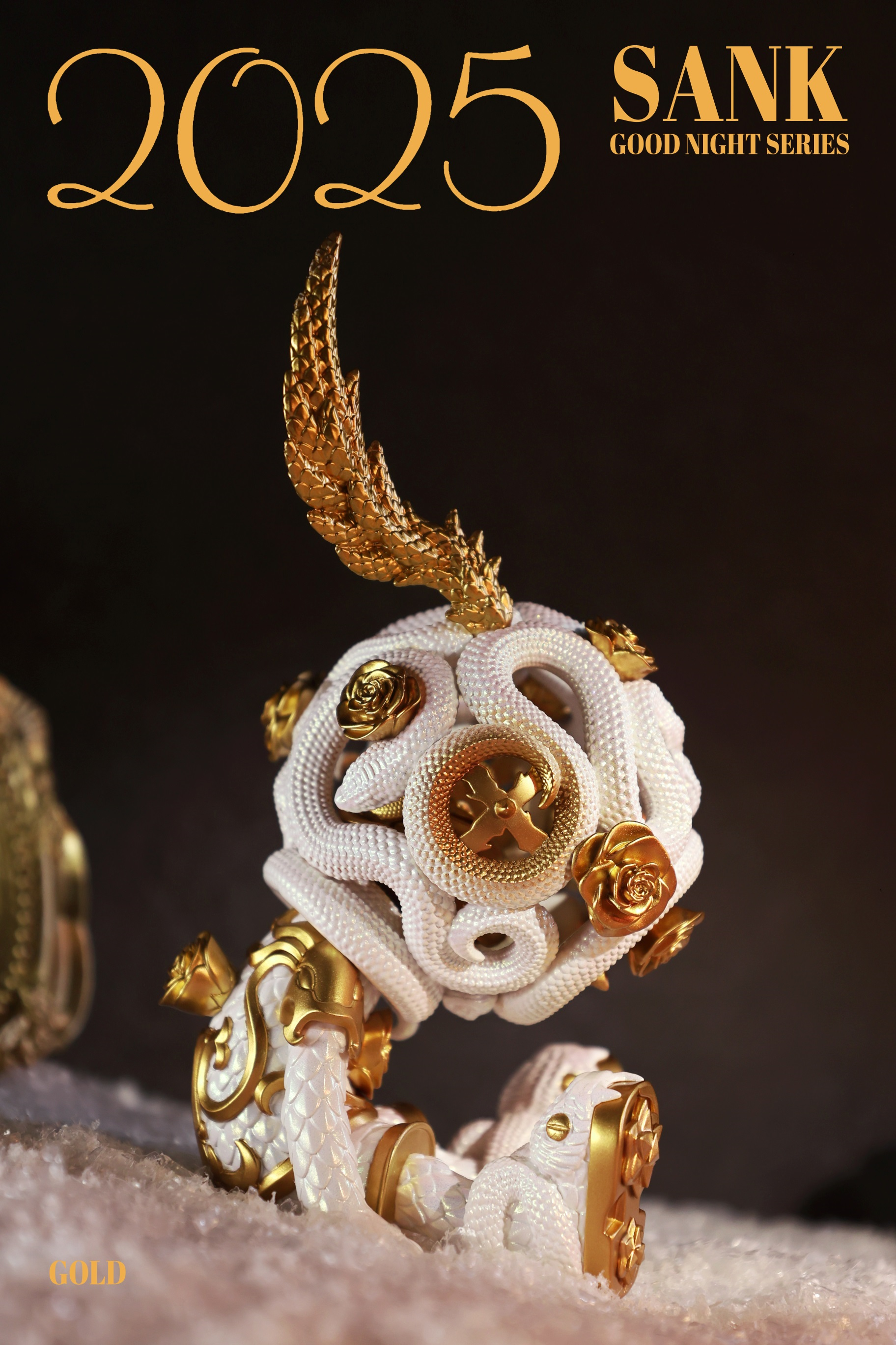 Good Night Series-Snake & Flowers-Gold sculpture, featuring a white and gold snake with floral elements, crafted in resin. Limited edition preorder for Strangecat Toys.