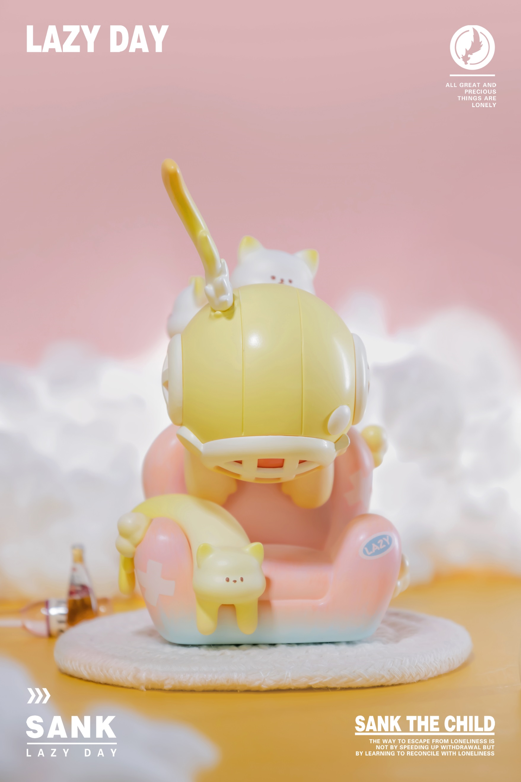 A blind box toy, Sank-Lazy Day-Sweet Home, preorder for July 2024. Limited edition resin set, 4cm*5.1cm*8.8cm. Close-up of a cartoon toy on a table.