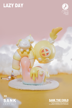 A blind box toy figurine of Sank-Lazy Day-Sweet Home cat on a pink plate. Preorder - Ships July 2024. Limited edition resin material, 4cm*5.1cm*8.8cm.