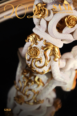 Good Night Series-Snake & Flowers-Gold sculpture in close-up, featuring intricate gold flower details. Limited edition resin, preorder for 2025.