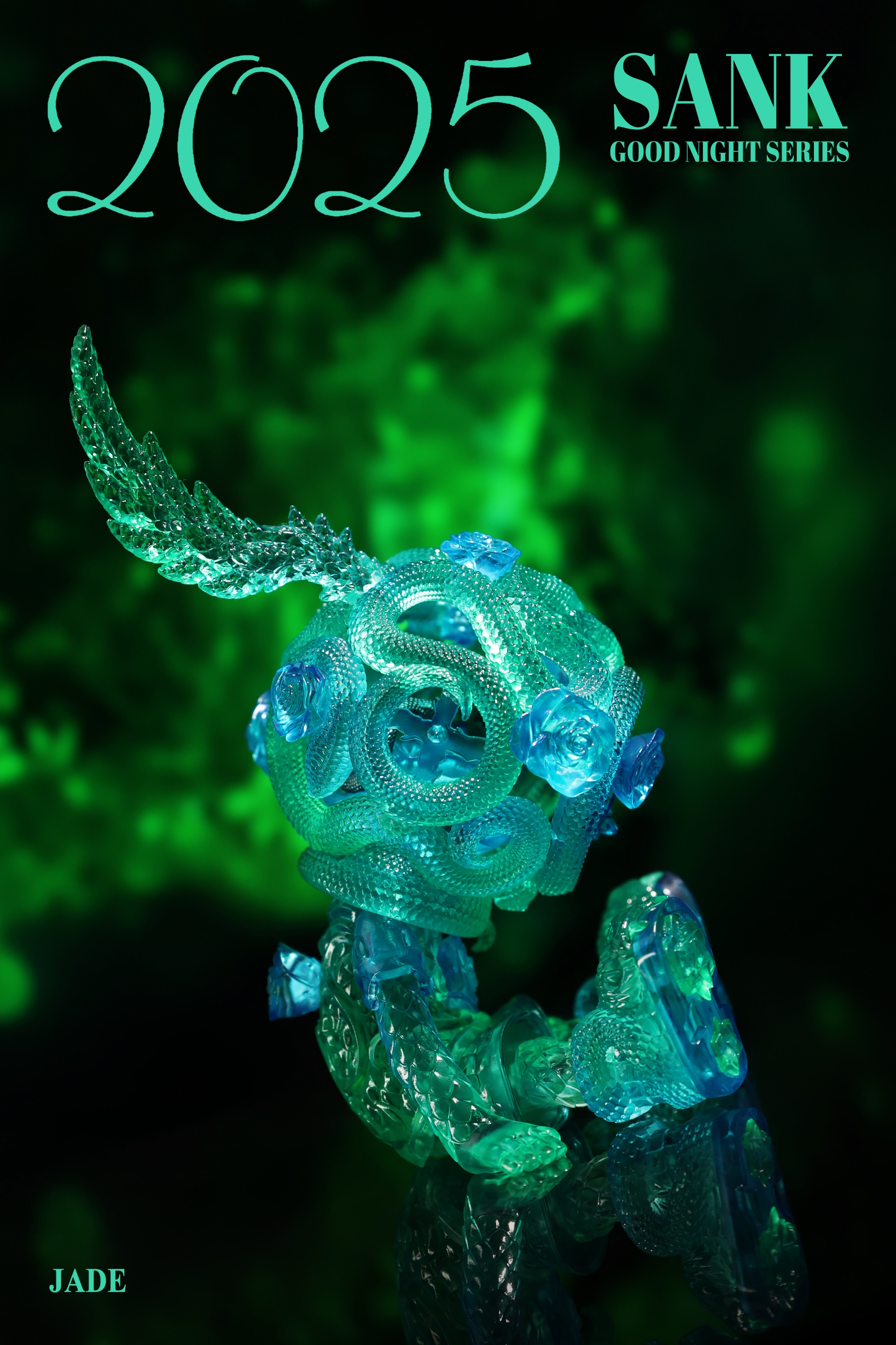 Good Night Series-Snake & Flowers-Jade resin sculpture, featuring a blue and green snake design. Preorder, limited edition of 199 sets, 7.4x7.5x14.5cm.