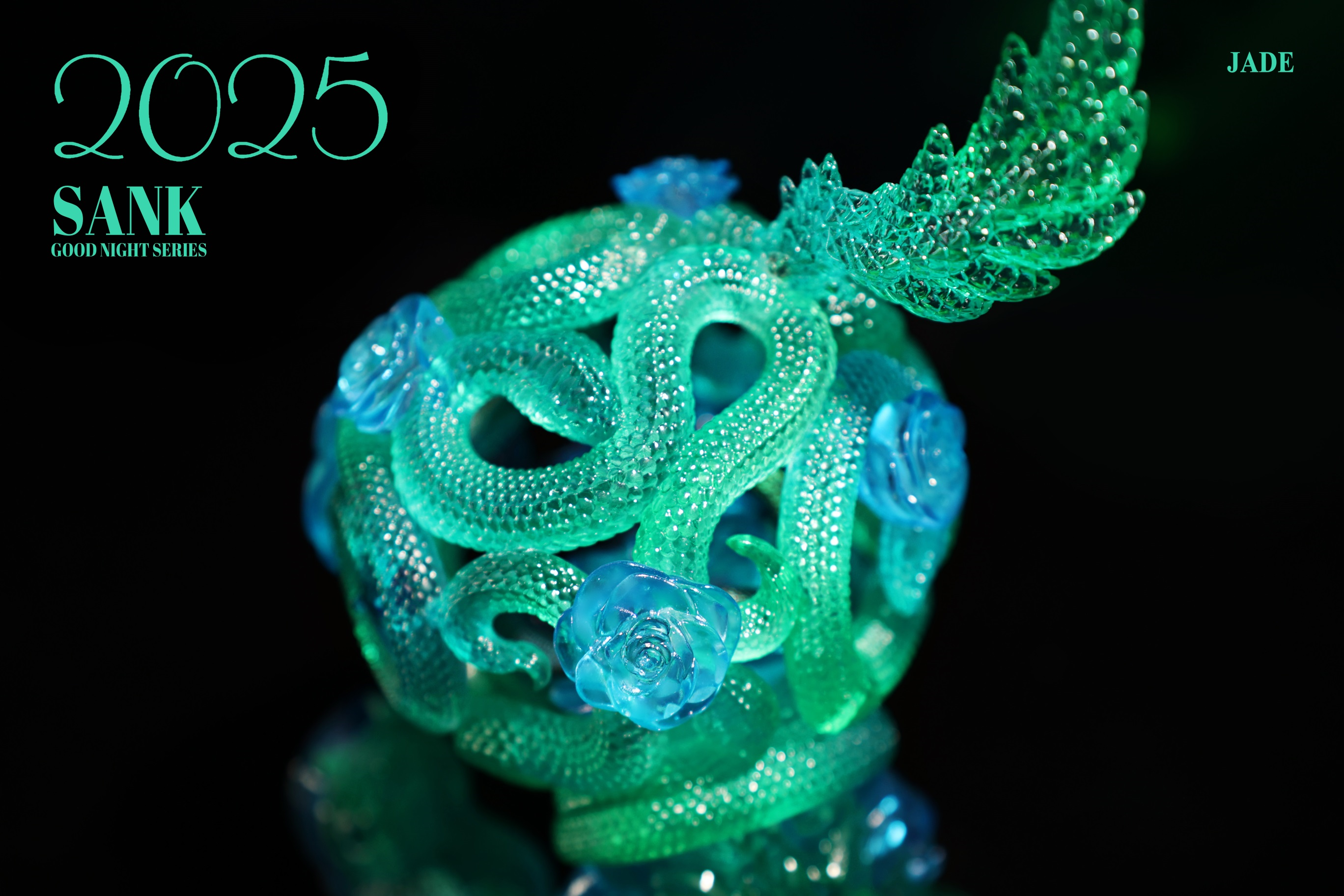 Good Night Series-Snake & Flowers-Jade resin sculpture, depicting a detailed green and blue snake intertwined with floral elements. Preorder for limited edition release.