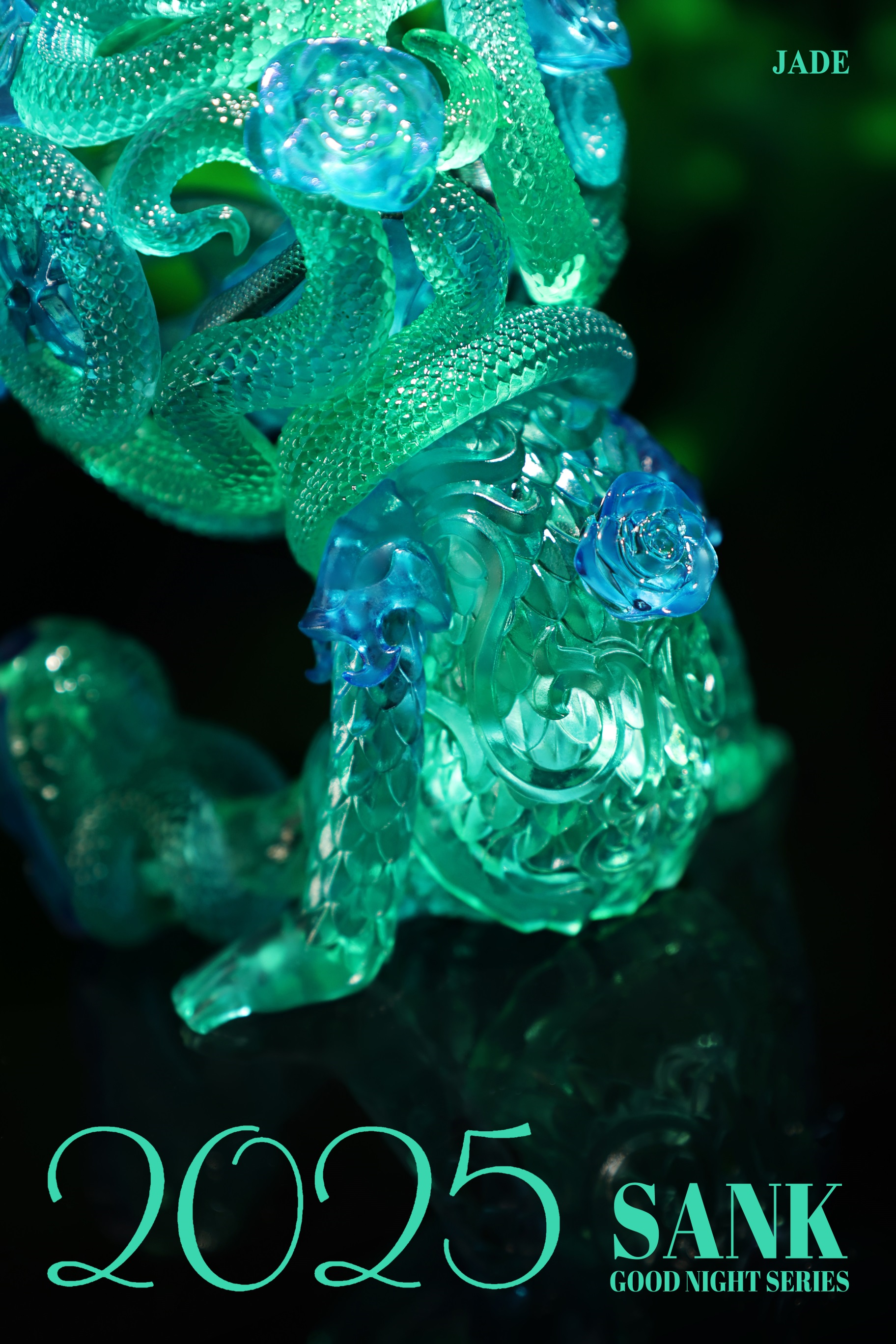 Good Night Series-Snake & Flowers-Jade: A limited edition resin statue featuring a detailed green and blue snake entwined with flowers.