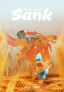 Sank-Scare Candy by Sank, a limited edition resin toy, resembling a candy on a stick, displayed on a table. Preorder for Q4 2024.