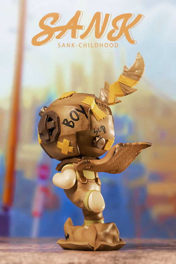 Sank-Childhood by Sank: Limited edition resin toy figure with a yellow and brown helmet, available for preorder, ships Q4 2024.