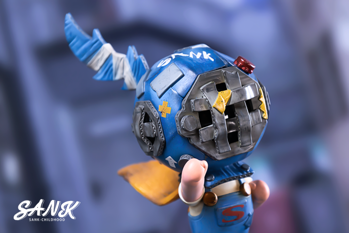 Sank-Childhood by Sank: Limited Edition resin toy, preorder for Q4 2024, featuring a detailed, close-up view of a blue robot action figure.