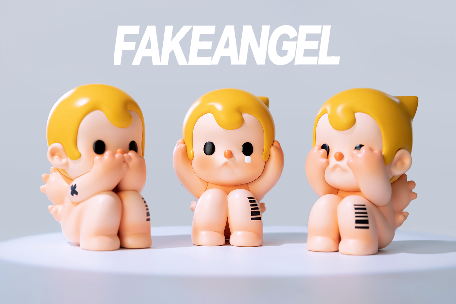 A group of plastic dolls with hands covering their eyes, featuring FAKE ANGEL- Evil, a toy figurine from Strangecat Toys. Preorder - Ships July 2024. Limited Edition: 99 Sets. Made of resin.