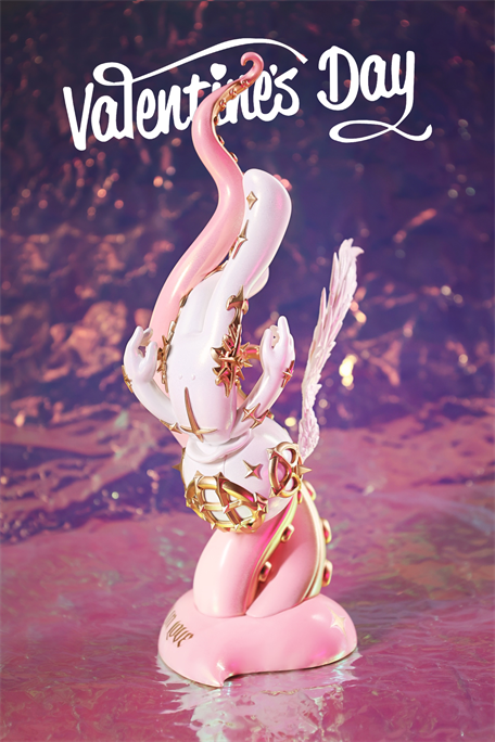 Sank-Beneath the Love-Pink: Limited edition pink and gold resin statue featuring intricate details, including a white rabbit with gold stars and wings.