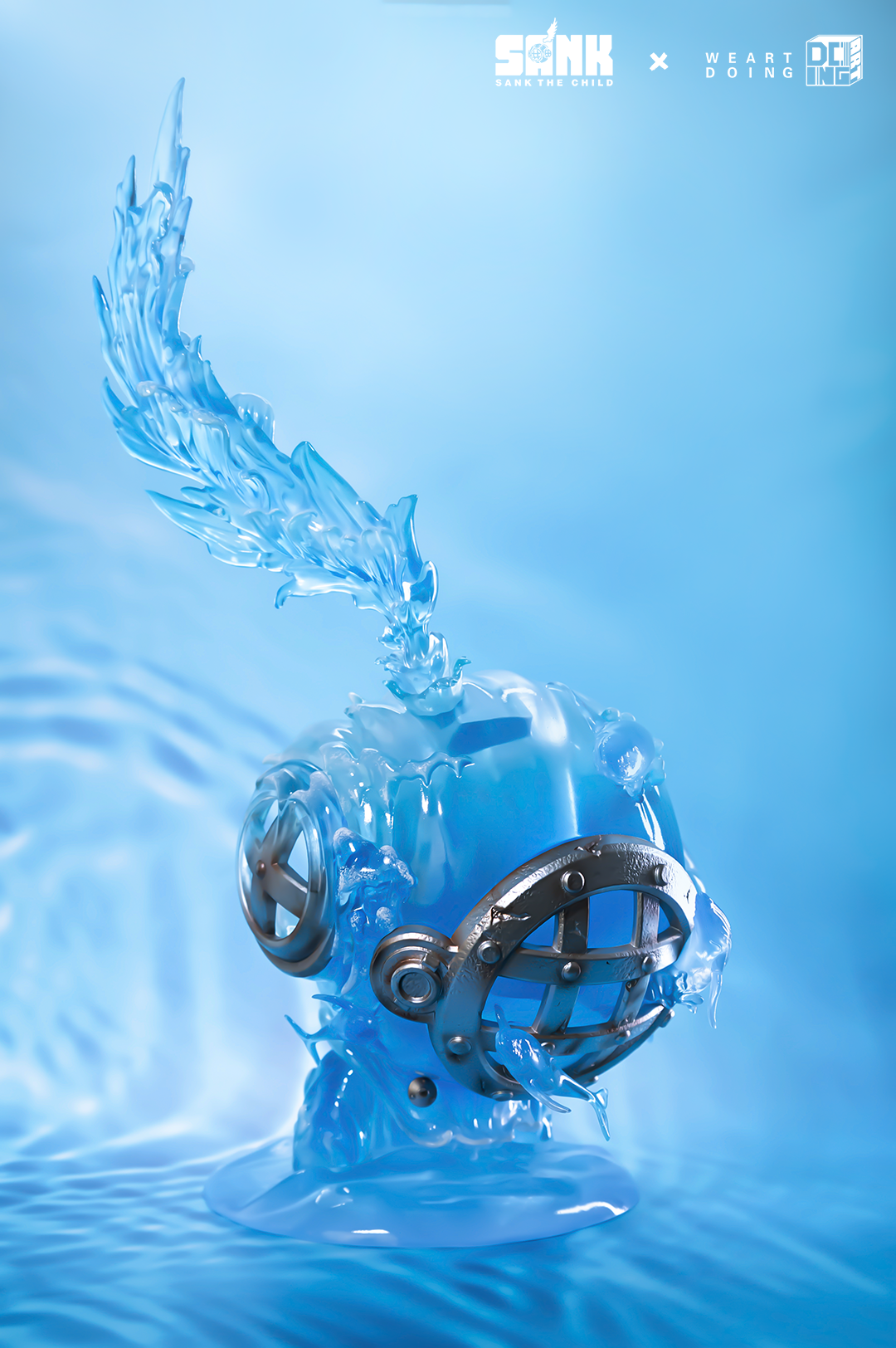 Alt text: Sank-Nuclear Sea-Blues resin sculpture featuring a blue water mask with a central metal object. Limited edition, available for preorder.