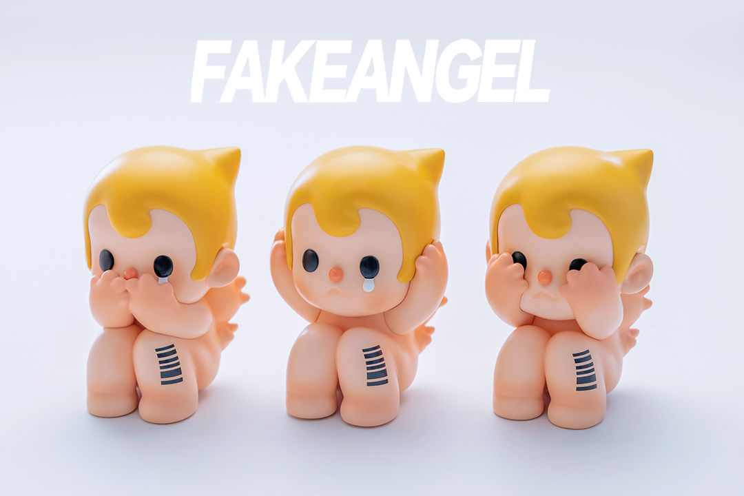 A group of plastic baby dolls, featuring a close-up of a toy with a logo, embody the FAKE ANGEL- Evil art toy from Strangecat Toys. Limited edition resin, 5.2cm*6cm*7.5cm.