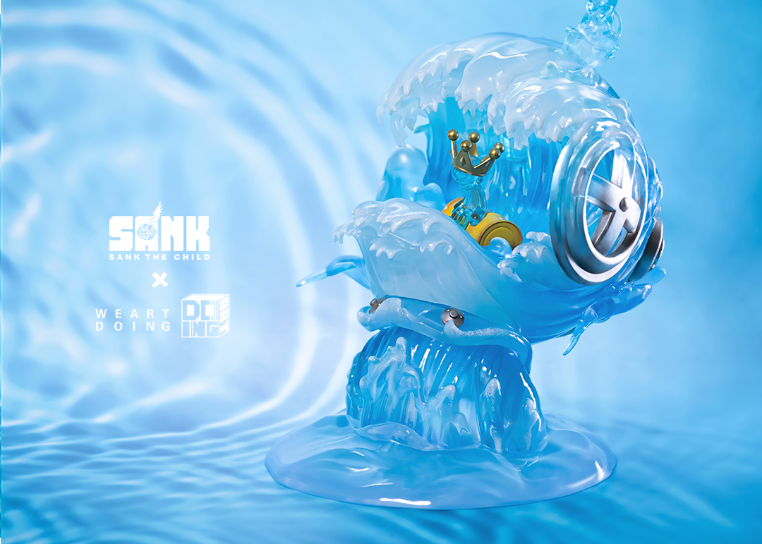 Alt text: Sank-Nuclear Sea-Blues toy in blue water splash, preorder for Q4 2024, limited edition resin figure, magnet-attached boy.