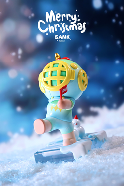 Sank-Christmas Parade toy figure on snowboard, holding a flag; limited edition resin figurine, 12x7.5x13.5cm, preorder for March 2025 release.