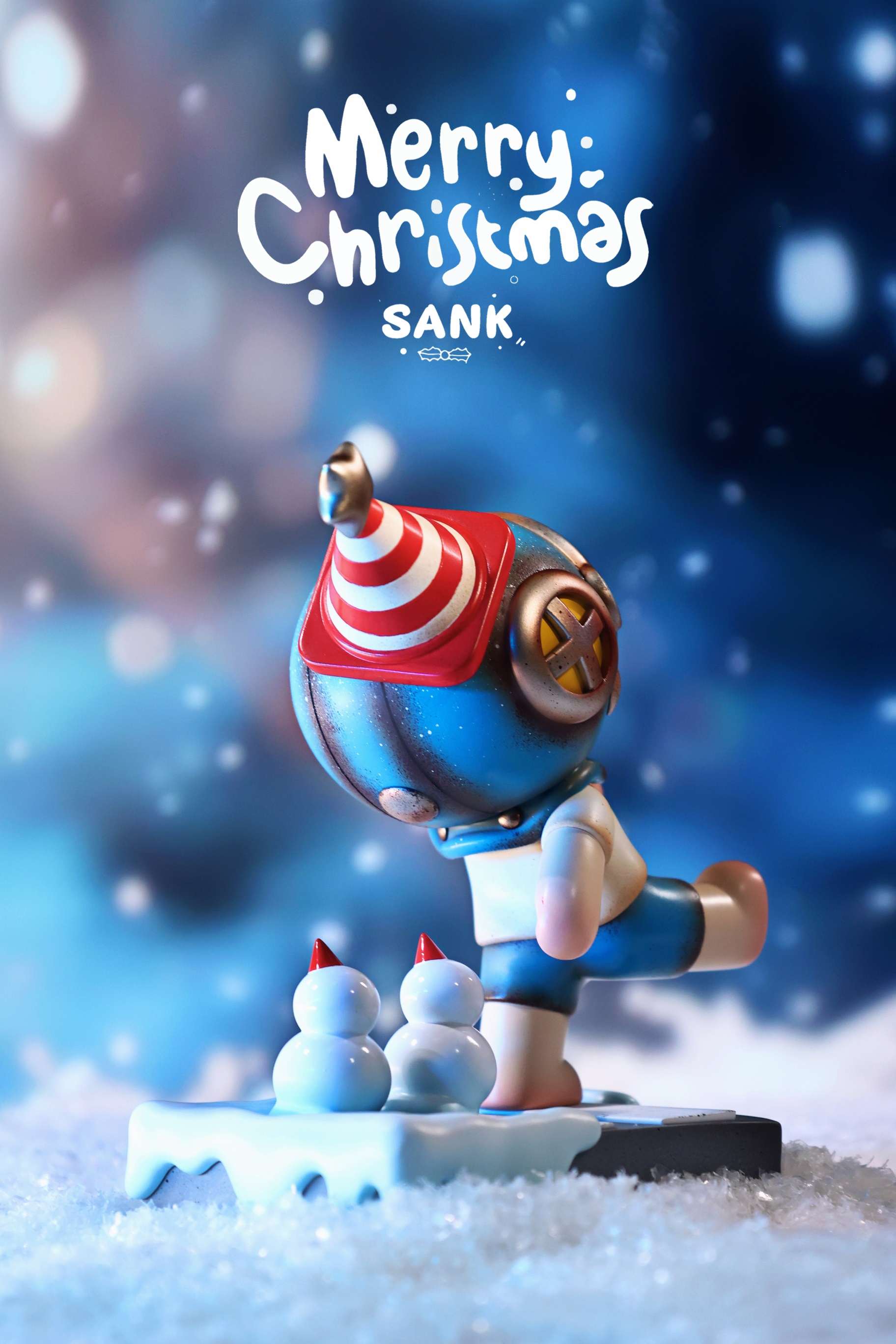 Sank-Christmas Parade toy figurine featuring a snowman with a cone hat, made of resin. Limited edition, 12x7.5x13.5cm, preorder for March 2025.