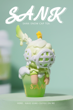 A blind box toy: Sank-Snow cap tea. Preorder - Ships July 2024. Limited Edition: 199 Sets. Material: Resin. Toy figure with a green cup and cartoon character.