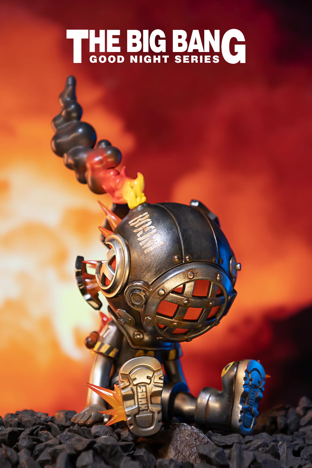 Alt text: Good Night Series-The Big Bang-The Dusk, a metal toy with flames on its head, preorder exclusive.