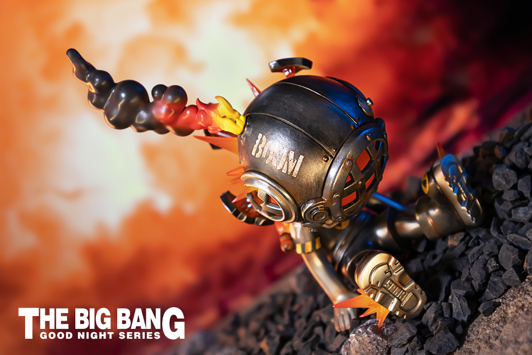 Alt text: Limited edition resin toy from the Good Night Series-The Big Bang-The Dusk, displayed on rocks. Preorder for Oct 2024. Size: 9cm x 10.2cm x 15cm.