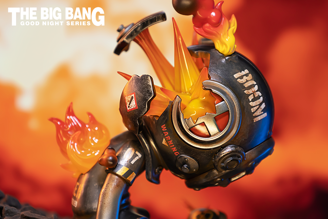 Alt text: “Good Night Series-The Big Bang-The Dusk action figure with flames, preorder, limited edition, resin material, 7.9cm x 8.6cm x 14.8cm.”