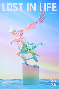 Lost in Life-Schooltime-Dreamer: A limited edition resin art toy featuring a cartoon character with wings and helmet seated on a chair. Preorder available.