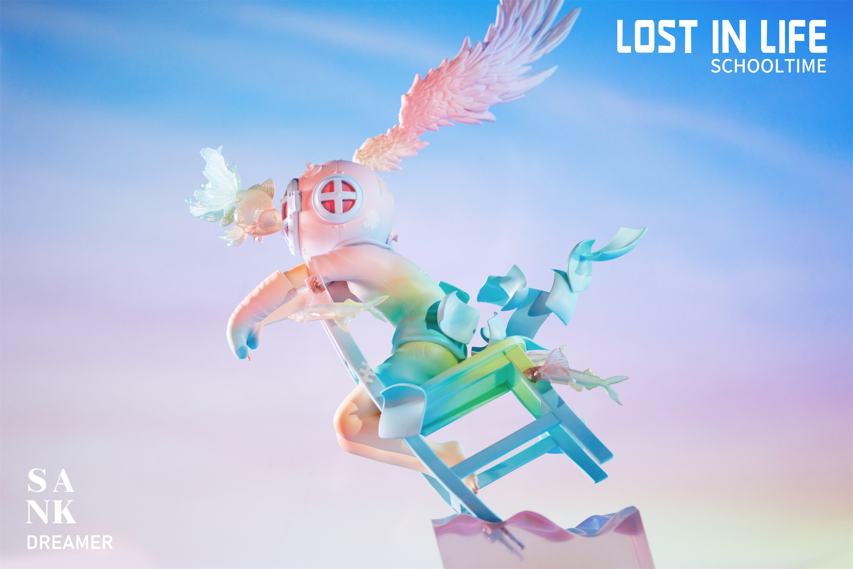 Lost in Life-Schooltime-Dreamer: A limited edition resin toy figure with wings and helmet, pre-order for January 2025, available via Strangecat Toys.