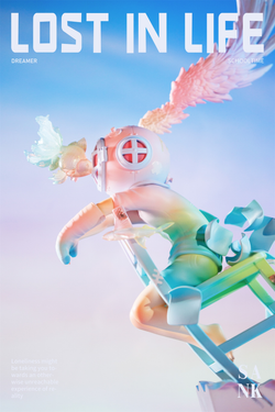 Lost in Life-Schooltime-Dreamer: Limited edition resin toy figure with wings and a bird, seated on a chair. Preorder for Jan. 2025.