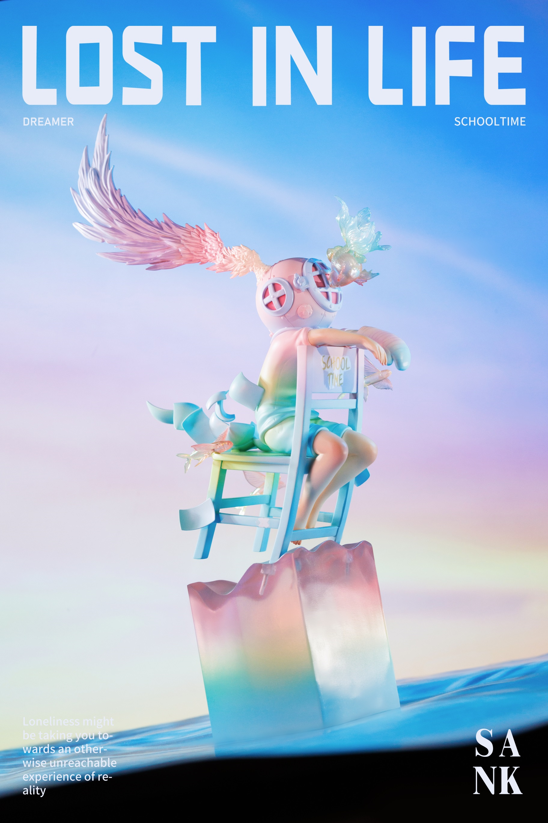 Lost in Life-Schooltime-Dreamer statue, a resin figure of a girl seated in a chair, limited edition art toy, available for preorder.