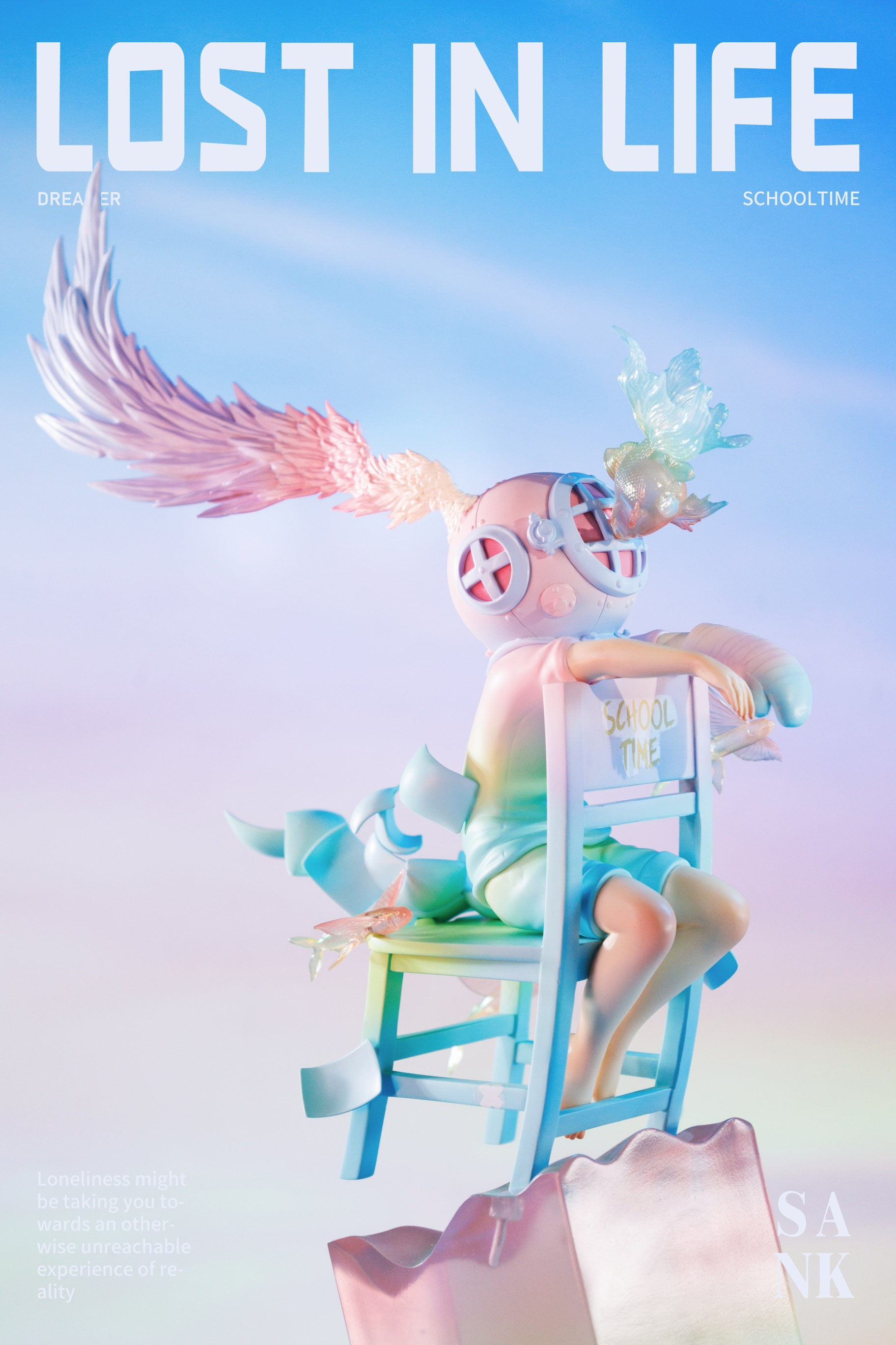 Lost in Life-Schooltime-Dreamer: A limited edition resin toy doll with wings, sitting on a chair, available for preorder at Strangecat Toys.