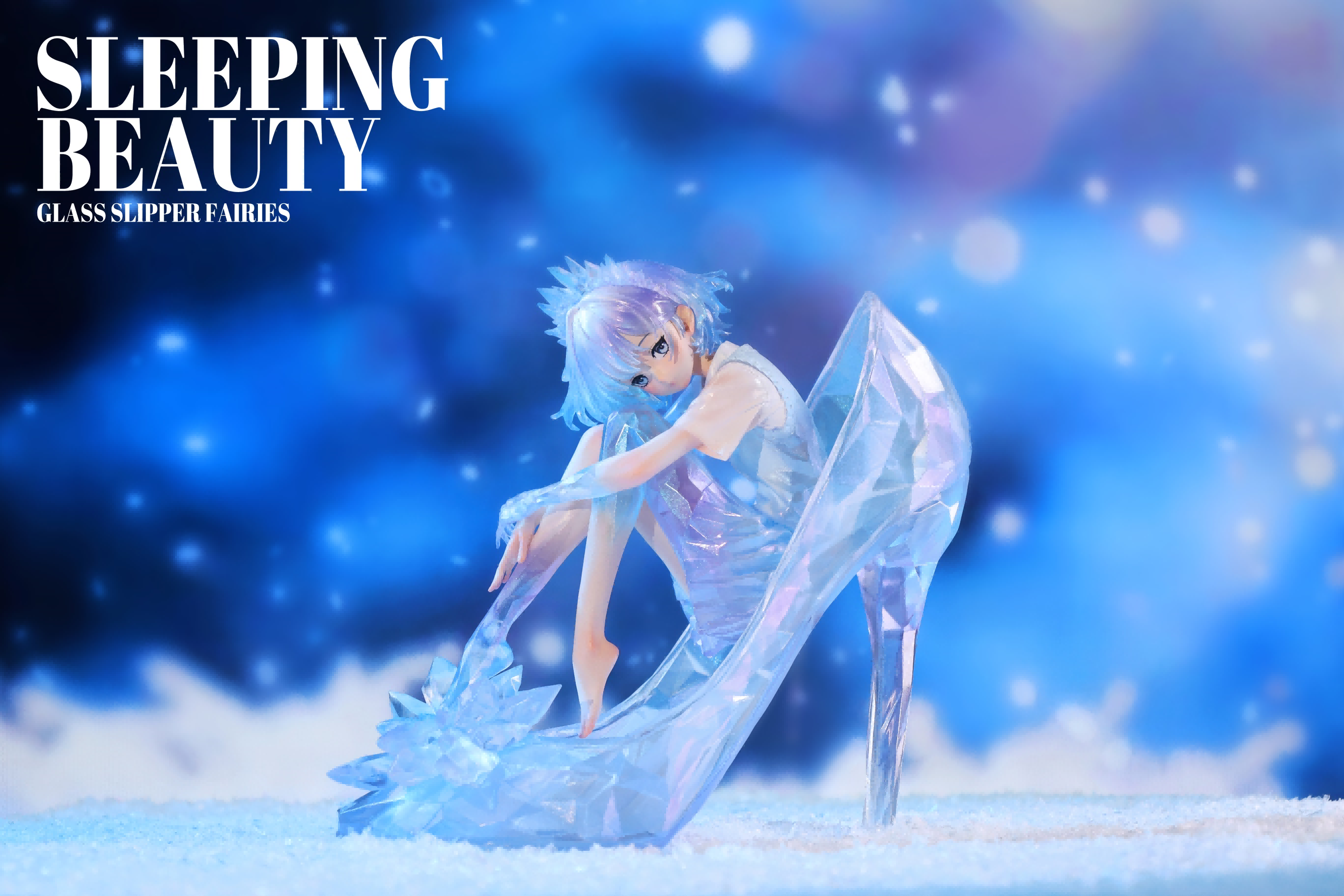 Sleeping Beauty-Glass Slipper Fairies resin figurine, depicting a cartoon character sitting on a glass slipper. Limited edition of 99 sets, preorder available.